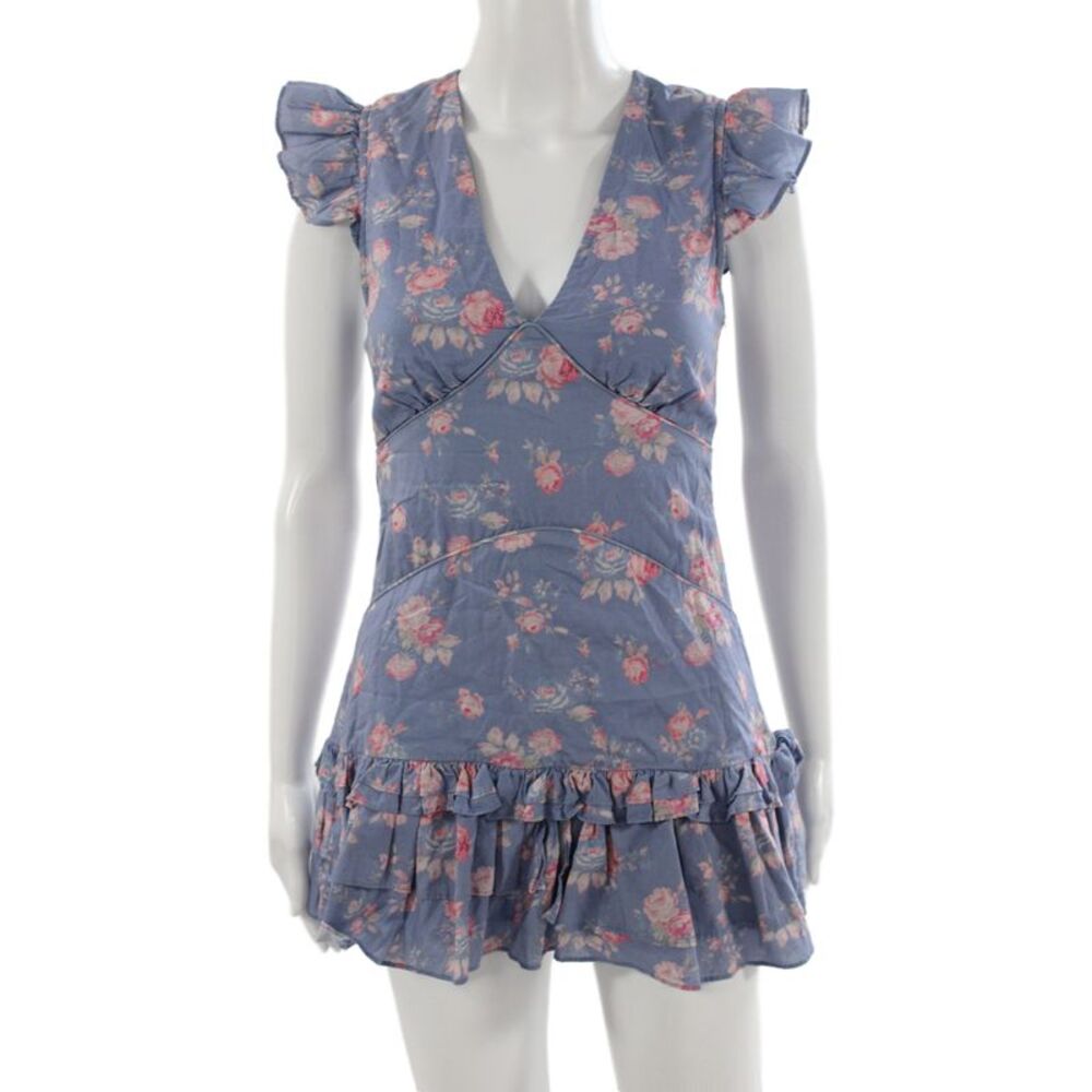 Love Shack Fancy Women Dark Blue Floral V-Neck Sundress Short Sleeve Size 00